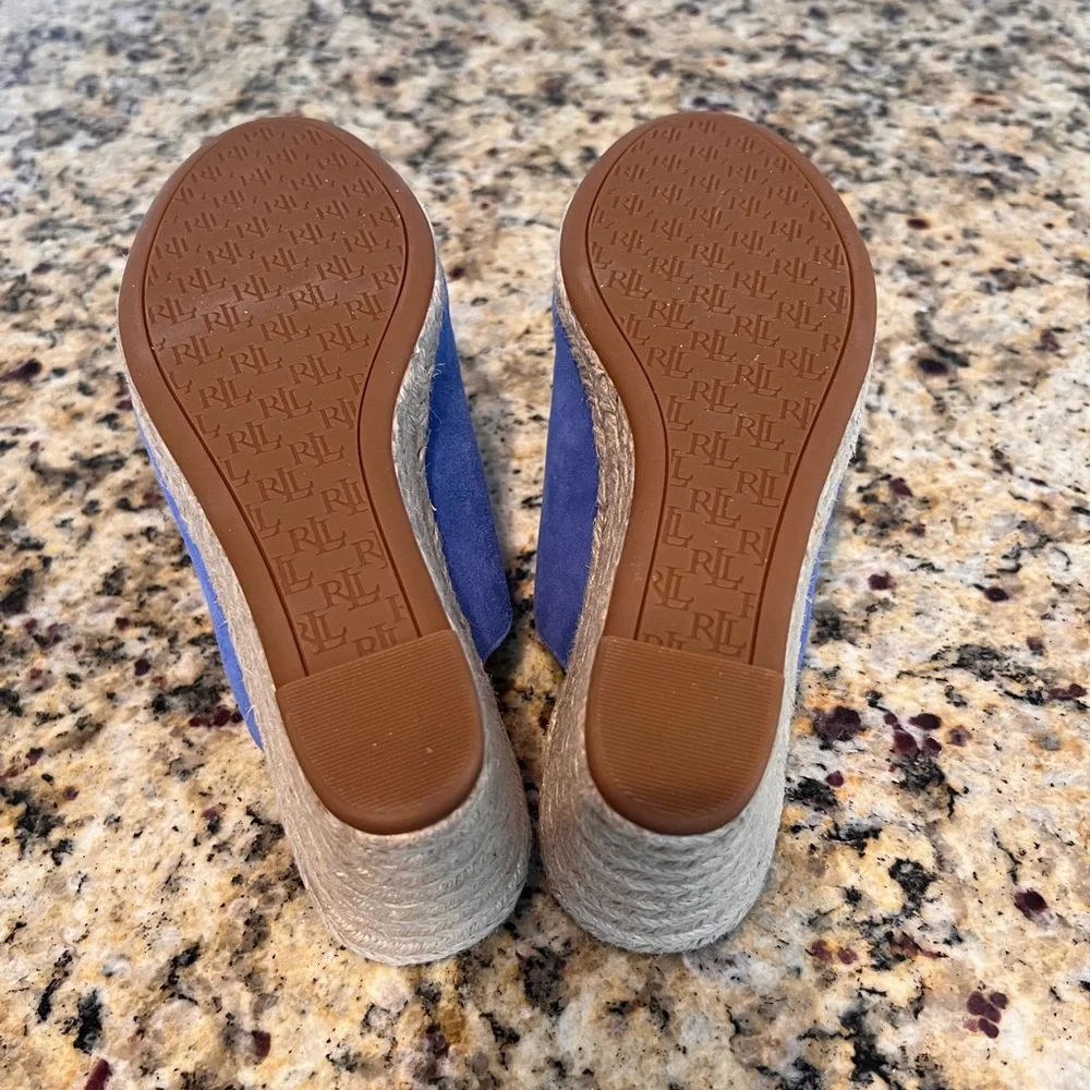 NIB Lauren Ralph Lauren Pennie Blue Suede Slip-on Espadrille Wedge Mules Size 7